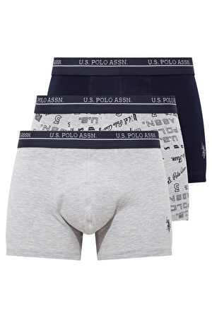 U.S. Polo Assn. -  Erkek Gri Melanj - Lacivert - Gri Baskılı 3 lü Boxer 