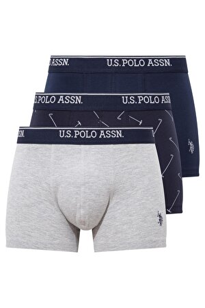 U.S. Polo Assn. -  Erkek Gri Melanj - Lacivert - Lacivert Baskılı 3 lü Boxer 