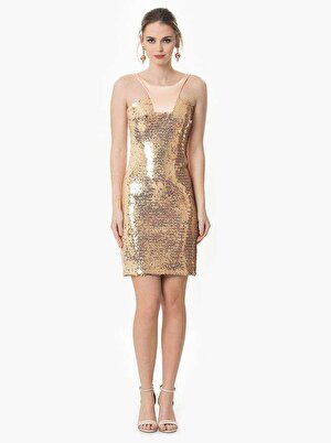 Payetli Yaka Detaylı Mini Gold Abiye Elbise Gold Y1611067_076