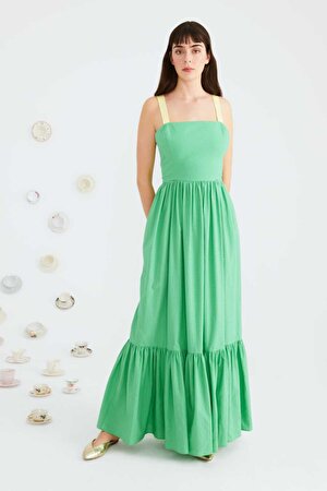 Askılı Piliseli Uzun Elbise Yeşil Y2211050_012