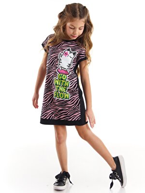 Kaykaycı Kedi Kız Çocuk Zebra Elbise
