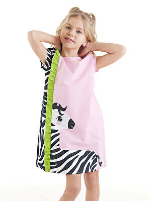 Fırfırlı Zebra Kız Çocuk Pembe Elbise