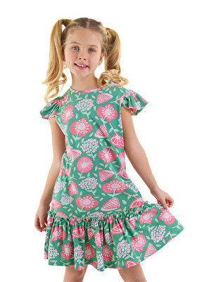 Pembe Çiçekli Kız Çocuk Yeşil Fırfırlı Elbise
