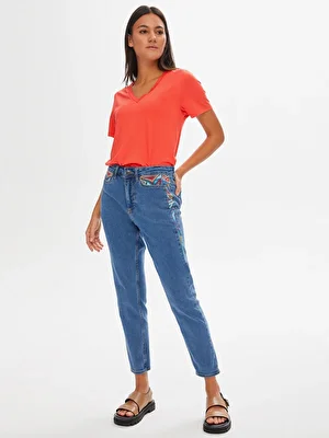 Renkli Nakış Detaylı Slim Fit Jean Pantolon 68463