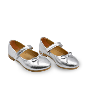 Jessica Tek Cırtlı PU Deri Kız Çocuk Babet Ayakkabı Gümüş