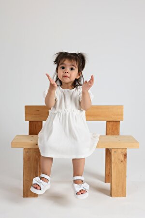 Katty  Çift Cırtlı Fiyonk Detaylı Hakiki Deri Kız Bebek Sandalet Beyaz