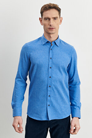 Erkek Koyu Mavi Slim Fit Dar Kesim Düğmeli Yaka Flanel Oduncu Kışlık Gömlek