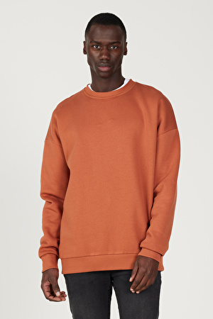 Erkek Açık Kahve Oversize Fit Bol Kesim Pamuklu İçi Polarlı Bisiklet Yaka Sweatshirt