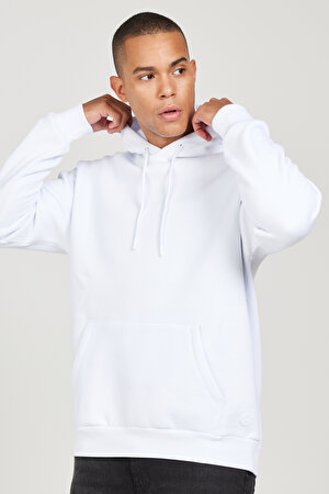 Erkek Beyaz Standart Fit Pamuklu Kapüşonlu Sweatshirt