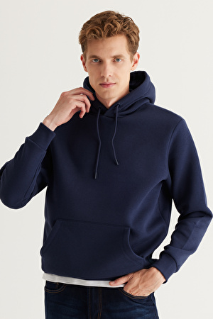 Erkek Lacivert Standart Fit Pamuklu Kapüşonlu Sweatshirt