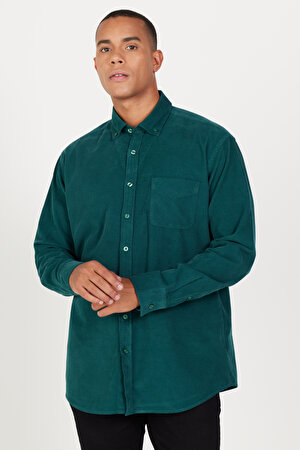 Erkek Koyu Yeşil Comfort Fit Geniş Kesim Düğmeli Yaka Kadife Gömlek