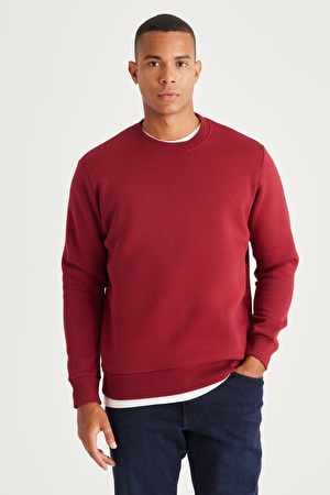 Erkek Bordo Standart Fit Normal Kesim İçi Polarlı Bisiklet Yaka Sweatshirt