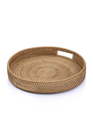 Meander El Yapımı Yuvarlak Büyük Boy Rattan Çok Amaçlı Kulplu Tepsi 35cm 8981