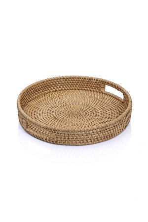 Meander El Yapımı Yuvarlak Küçük Boy Rattan Çok Amaçlı Kulplu Tepsi 30cm 8982