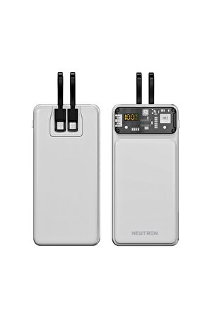 10000 Mah 22.5w Prime Dijital Led Ekranlı Lightning Ve Type-c Kablolu Powerbank - Beyaz