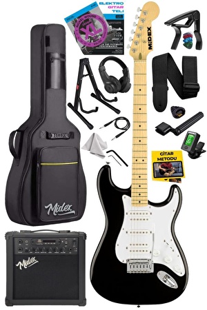 Midex RPH-40WB-25AMP Siyah Beyaz 25W Şarjlı BT Amfili Elektro Gitar Seti HSH Manyetik Maple Klavye