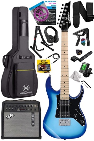 Maxword DE-150BL-50AMP Maple Klavye HH Yüksek Kaliteli 50W Amfili Elektro Gitar Seti