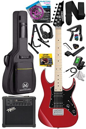 Maxword DE-150RD-25AMP Maple Klavye HH Yüksek Kaliteli 25W Amfili Elektro Gitar Seti