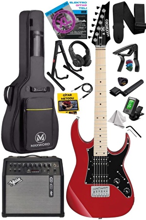 Maxword DE-150RD-50AMP Maple Klavye HH Yüksek Kaliteli 50W Amfili Elektro Gitar Seti