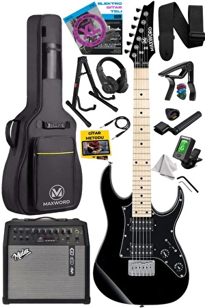 Maxword DE-150BK-50AMP Maple Klavye HH Yüksek Kaliteli 50W Amfili Elektro Gitar Seti