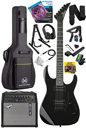 Maxword Grade-50AMP Black Rosewood Yüksek Kalite 50W Amfili Elektro Gitar