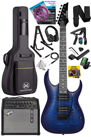 Maxword Grade-50AMP Blue Rosewood Yüksek Kalite 50W Amfili Elektro Gitar