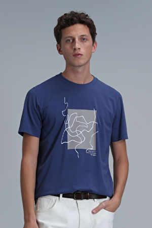 Nally Modern Grafik T- Shirt Koyu Saks