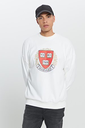 Erkek Ekru Oversize Fit Bol Kesim Harvard Lisanslı 3 İplik Pamuklu Bisiklet Yaka Sweatshirt