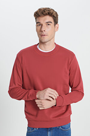 Erkek Bordo Standart Fit Normal Kesim Bisiklet Yaka Pamuklu Sweatshirt