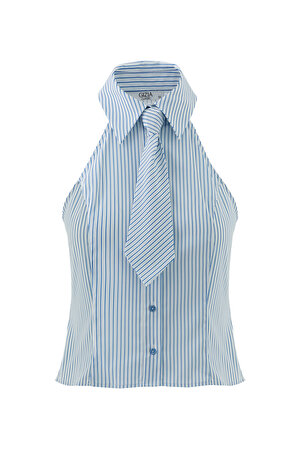Gömlek Yakalı Kravatlı Omuz Açık Çizgili Lacivert Bluz