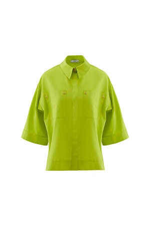 Metal Aksesuarlı Truvakar Kol Yeşil Oversize Bluz