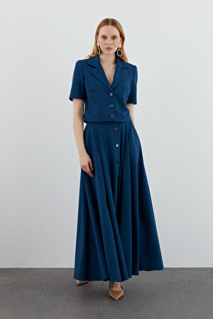 Kısa Kol Crop Ceketli Kloş Etekli Kemer Detaylı Koyu Mavi Takım Elbise