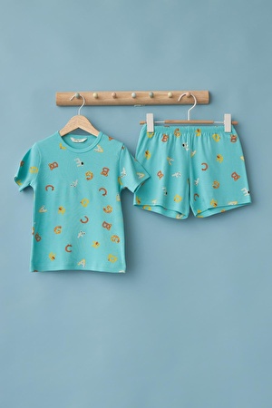 Erkek Çocuk Turkuaz Renkli Alfabe Desenli Pijama Takımı