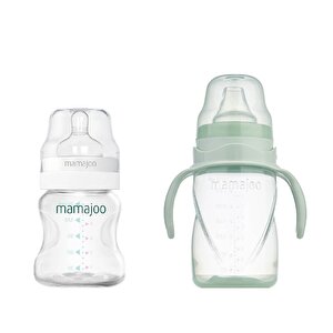 Mamajoo Silver Biberon 150 ml & Kulplu Eğitici Bardak 270 ml / Powder Green