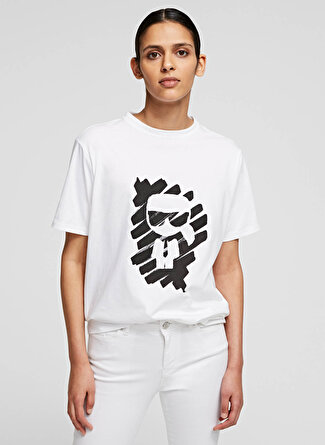 Karl Lagerfeld 211W177 İkonik Grafiti Logolu Beyaz Kadın T-Shirt