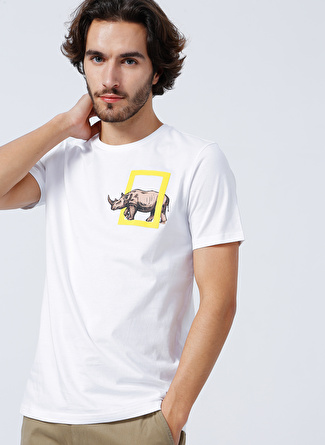 National Geographic Rhino Bisiklet Yaka Standart Kalıp Baskılı Beyaz Erkek T-Shirt