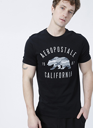 Aeropostale Bisiklet Yaka Standart Kalıp Baskılı Siyah Erkek T-Shirt - E-7179