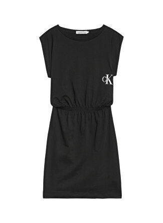 Calvin Klein Ig0Ig01416-Monogram Off Placed T Dr Kayık Yaka Rahat Kalıp Düz Siyah Kız Çocuk Elbise