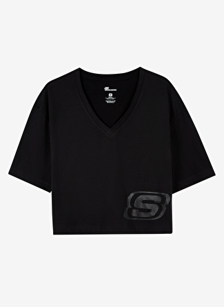 Skechers V Yaka Cropped Fit Düz Siyah Kadın T-Shirt - S221174-001 Shiny Logo