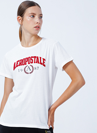 Aeropostale Bisiklet Yaka Nakışlı Beyaz Kadın T-Shirt K-5933