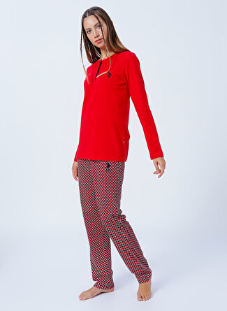 U.S Polo Assn. Bisiklet Yaka Kırmızı Kadın Pijama Takımı