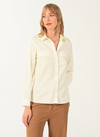 NGSTYLE Gömlek Yaka Düz Kırık Beyaz Kadın Bluz NGFGM-86