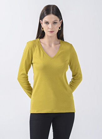 Benetton V Yaka Sarı Kadın T-Shirt 3GA2E4245