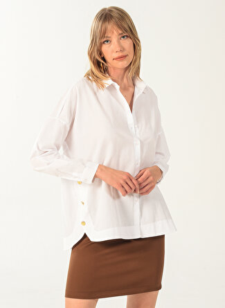 NGSTYLE Gömlek Yaka Düz Beyaz Kadın Gömlek NGAW22-G9