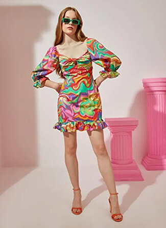 Koton Rachel Araz X Koton - Kalp Yaka Balon Kollu Mini Elbise