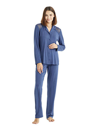 Blackspade Gömlek Yaka Düz İndigo Kadın Pijama Takımı 50832