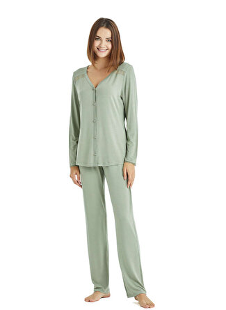 Blackspade Düğmeli Yaka Düz Yeşil Kadın Pijama Takımı 50869