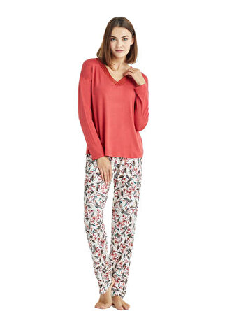 Blackspade V Yaka Düz Kırmızı Kadın Pijama Takımı 50854