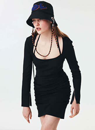 Twist Kare Yaka Düz Mini Siyah Kadın Elbise TW6220002112001