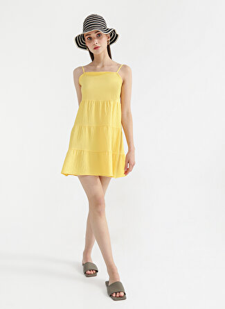 Fabrika Kare Yaka Armürlü Sarı Mini Kadın Elbise NASU